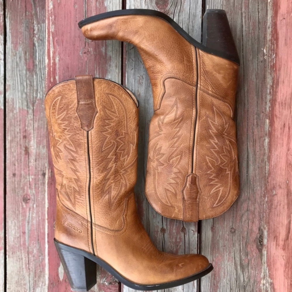 Sonora Brown Leather Heeled Cowboy Boots Size 9